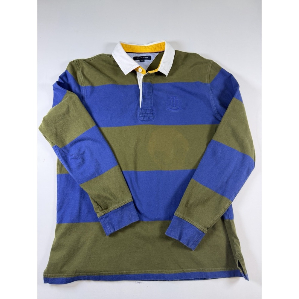 Vtg Tommy Hilfiger Men Rugby Polo Shirt Lg Blue Green Long Sleeve Striped Preppy